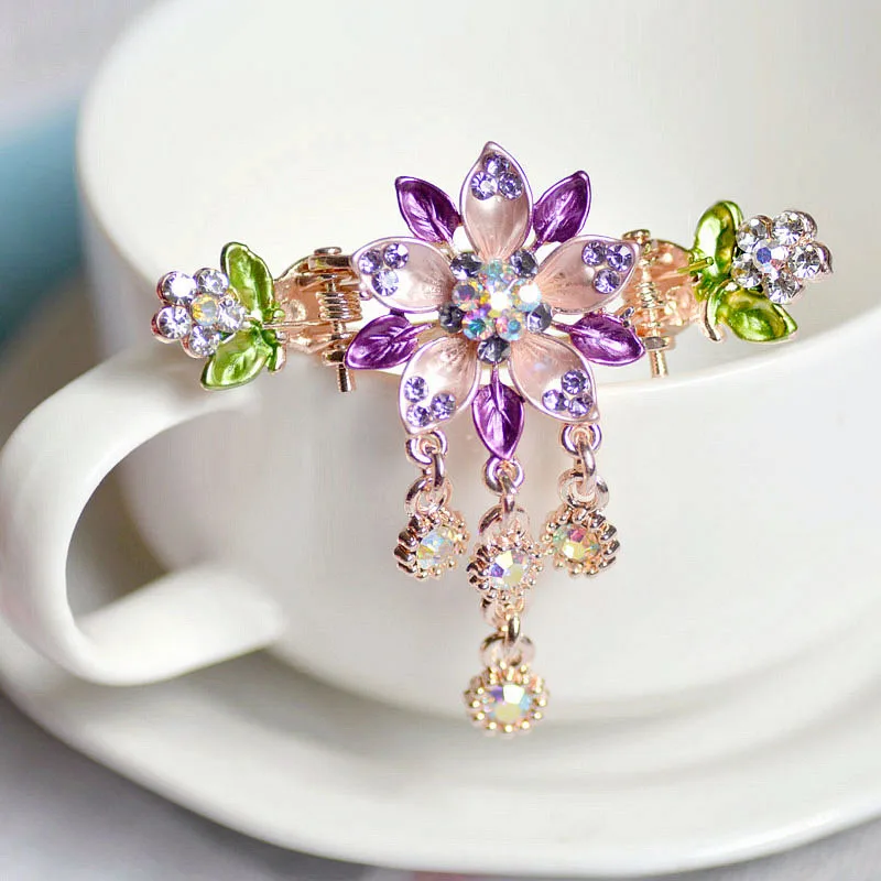 Vintage Enamel Flower Hair Claw Jewelry Charm Rhinestone Hair Clip for Women