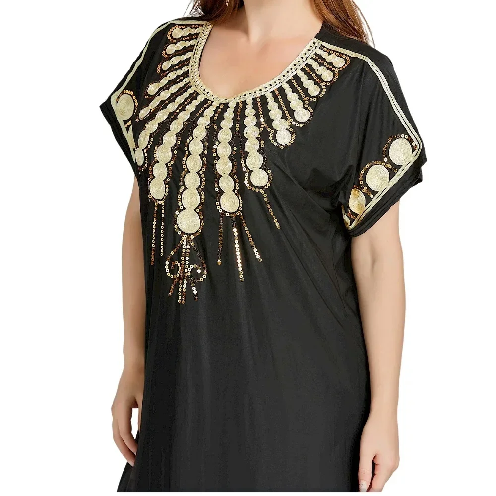 2023 Latest Muslim African Women Dress Kaftan Ice Silk Fabric Embroidery Process Short Sleeve Long Loose Dress Islamic Clothing