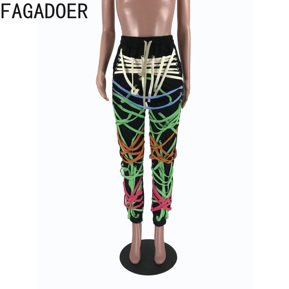 FAGADOER Rope Patchwork Fashion Streetwear Pants Loose Women Gothic Punk Style High Waist Wide Leg Trousers Sweatpants Women