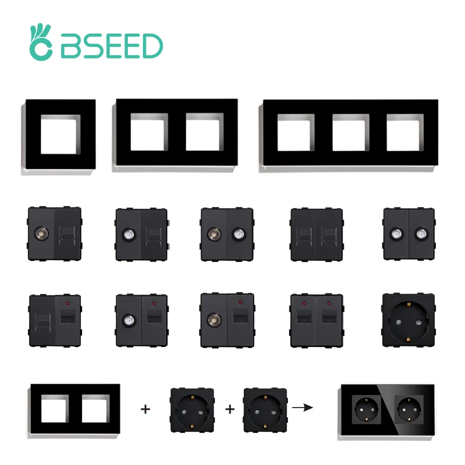 BSEED EU Glass Panel and USB Socket CAT5 RJ45 PC TV ST  DIY Function Parts Electrical Outlets Free Combination Wall Mounted