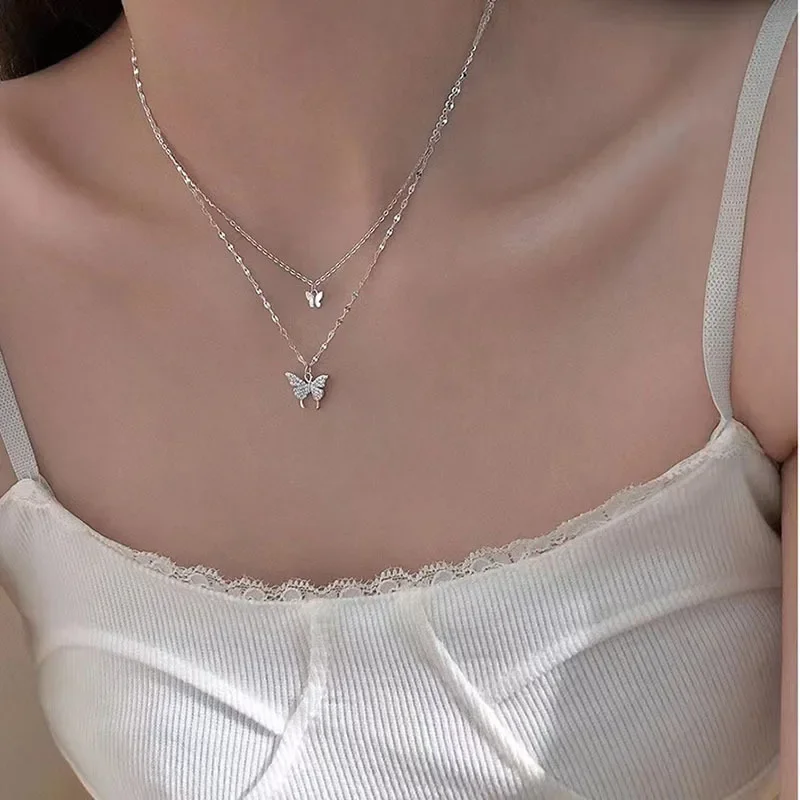 Women Shiny Butterfly Necklace Fashion Double Layer Pendant Cross Choker Neck Chain Light Luxury Clavicle Chain Party Jewelry
