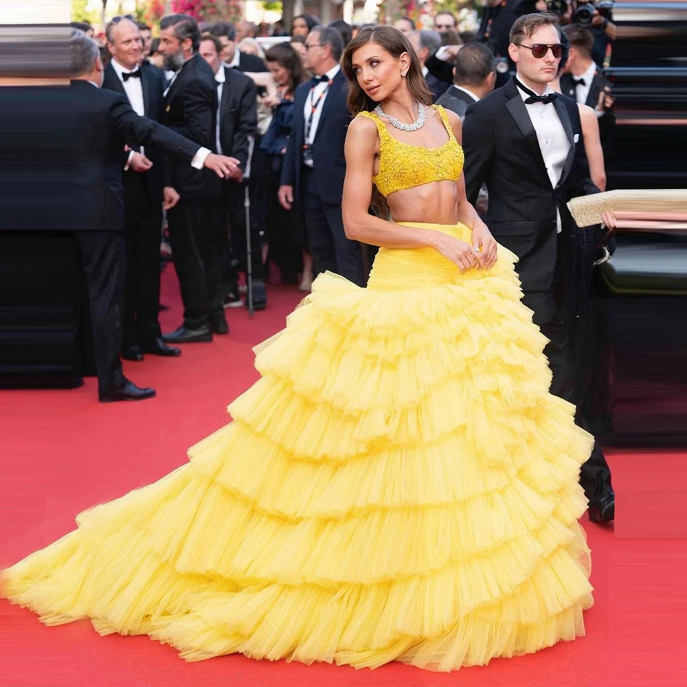 

Luxury Ruffles Mesh Prom Party Skirts Very Puffy Tiered A Line Women Formal Skirt Floor Length Yellow Tulle Female Skirt