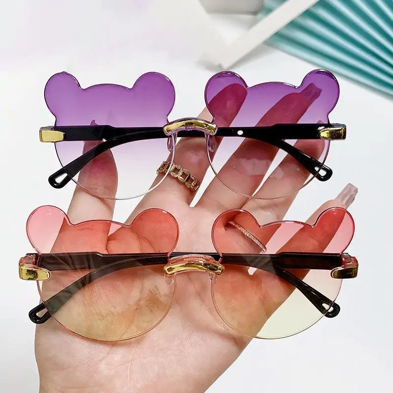 Kids Sunglasses Cartoon Bear Sunglasses for Boy Girl Gradient Rimless Outdoor Anti-Glare UV400 Sun Glasses
