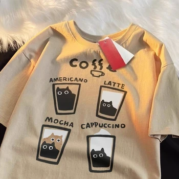 Summer Japanese Cute Cup Cat Printed Short-sleeved T-shirt for Women and Boys Same Loose Casual Large-size Top 1