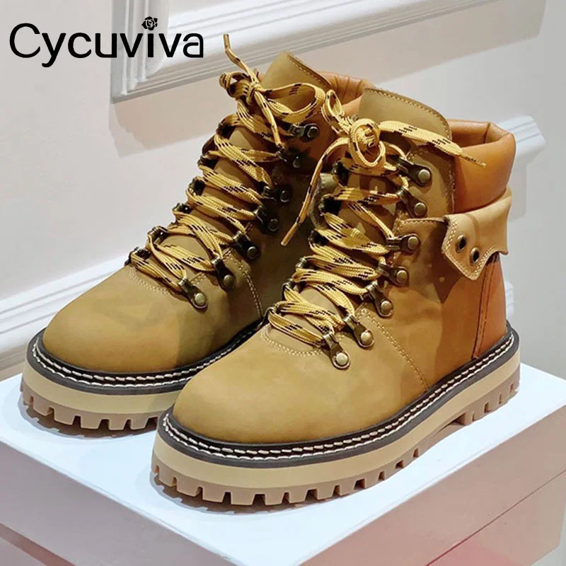 

Real Leather Platform Motorcycle Ankle Boots For Women Thick Sole Lace Up Chelsea Boots Ladies Casual Brand Shoes Autumn Boots