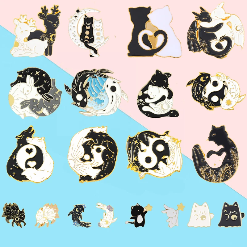 Набор креативных эмалированных булавок в виде черных и белых животных, брошь из сплава на спине с призраком, кошкой, рыбой, Кроликом, лисой, значок, Модная бижутерия, подарок для друзей