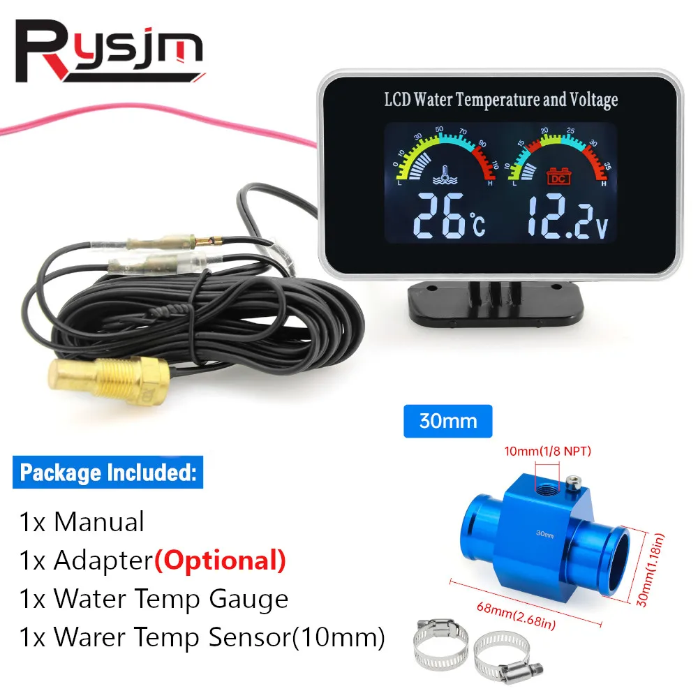 

Автомобильный измеритель температуры воды, HD ЖК-дисплей, термометр, вольтметр, измеритель температуры и напряжения 2 в 1, датчик 10 мм, адаптер 26 ~ 40 мм (опция), 12 В/24