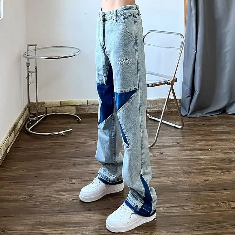 

Jeans for Men Hip Hop Male Cowboy Pants Star Spliced Trousers Graphic Xs Washed 2024 Trend Spring Autumn Large Size Korean Baggy