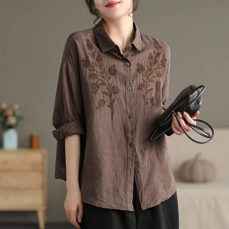 Loose Embroidery Blouses for Women, Vintage Shirts, Cotton Linen Tops, Long Sleeves, New Ladies Clothing, Spring Summer Fashion