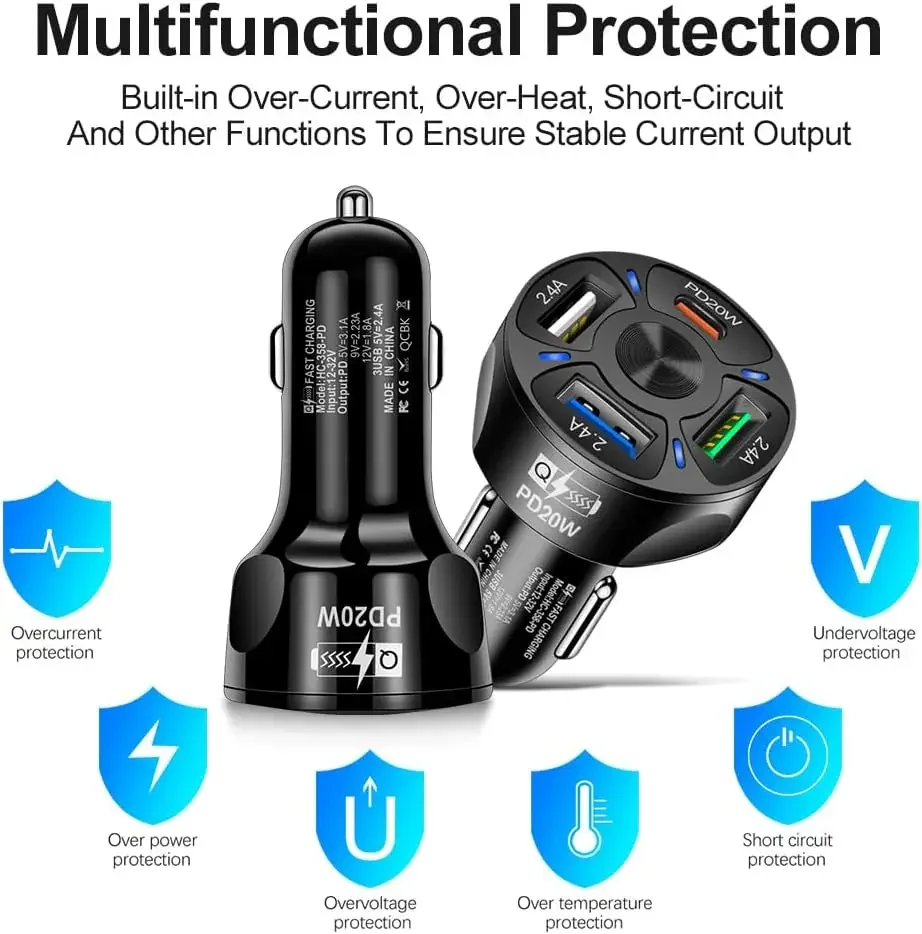 Fast Car Charger with USB and PD Interface for Multiple Devices