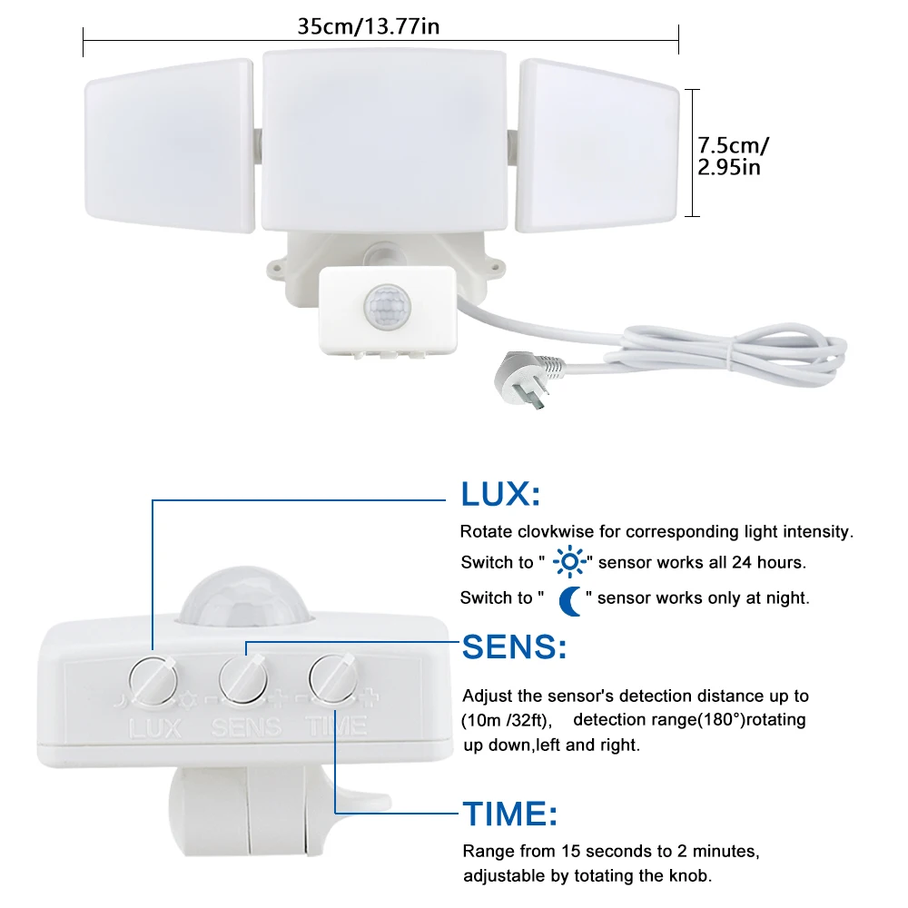 Depuley 35W Secutiry LED Lights Outdoors Motion Detector Sensor Flood Light 3 Adjustable Heads for Entryways Garage