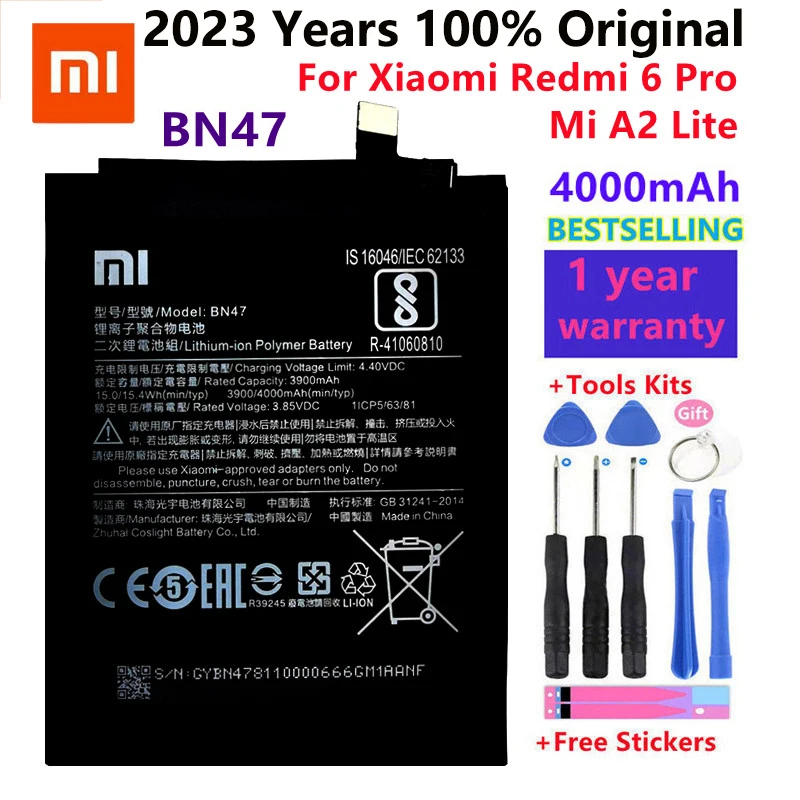 

100% New Original Real 4000mAh BN47 Battery with glue sticker For Xiaomi Redmi 6 Pro 6Pro / For Xiaomi Mi A2 Lite Battery +Tools