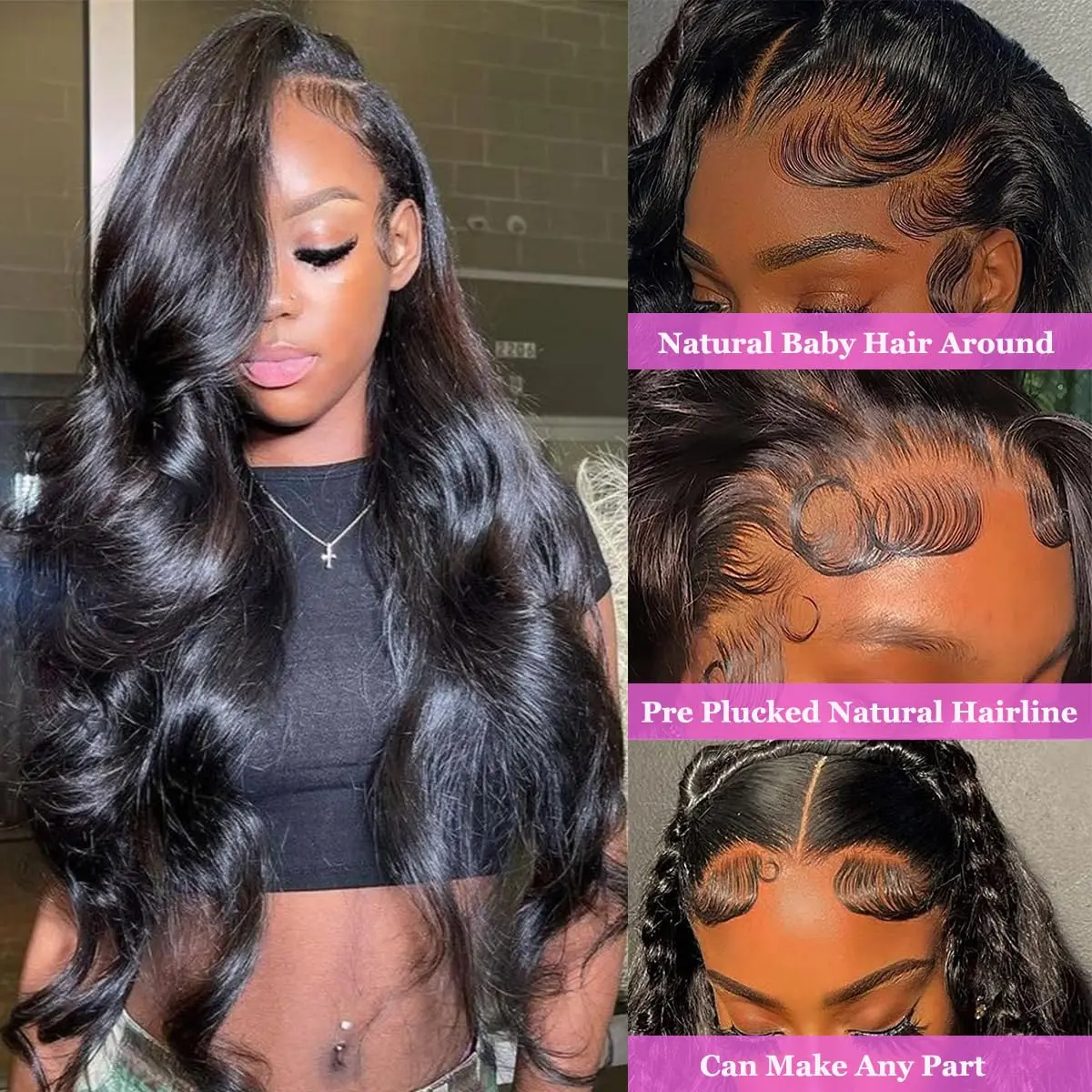 250% Density 13x4 Lace Front Wig Human Hair Body Wave Transparent Brazilian Virgin Human Hair Wigs 30 Inch Natural Black