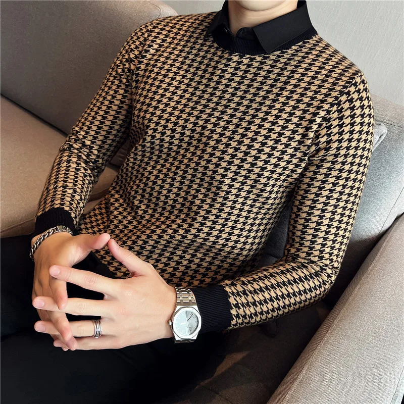 Fake 2 Pieces Shirt Collar Casual Knit Sweater/Male Slim Fit Fashion High Quality Plaid Knit Shirt Male Casual Pullover 3XL 4XL