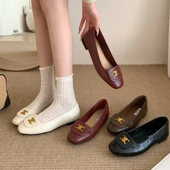 Classic Flats for Women Summer Casual Leather Slip on Square Toe Fashion Shoes for Women Solid Metal Decoration Casual Shoes 1
