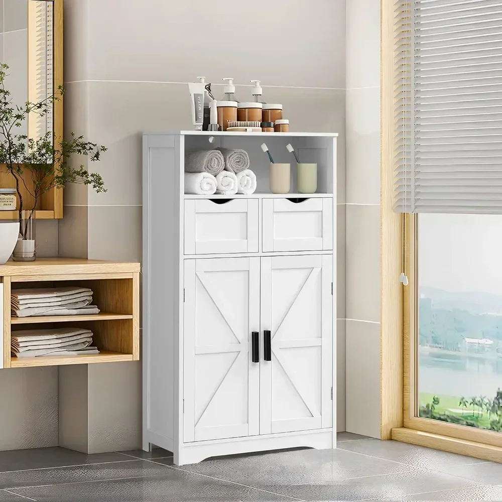 Freestanding Wooden Storage Organizer for Living Room Bathroom Furniture Floor Cabinet With 2 Doors & 2 Drawers Hallway Black