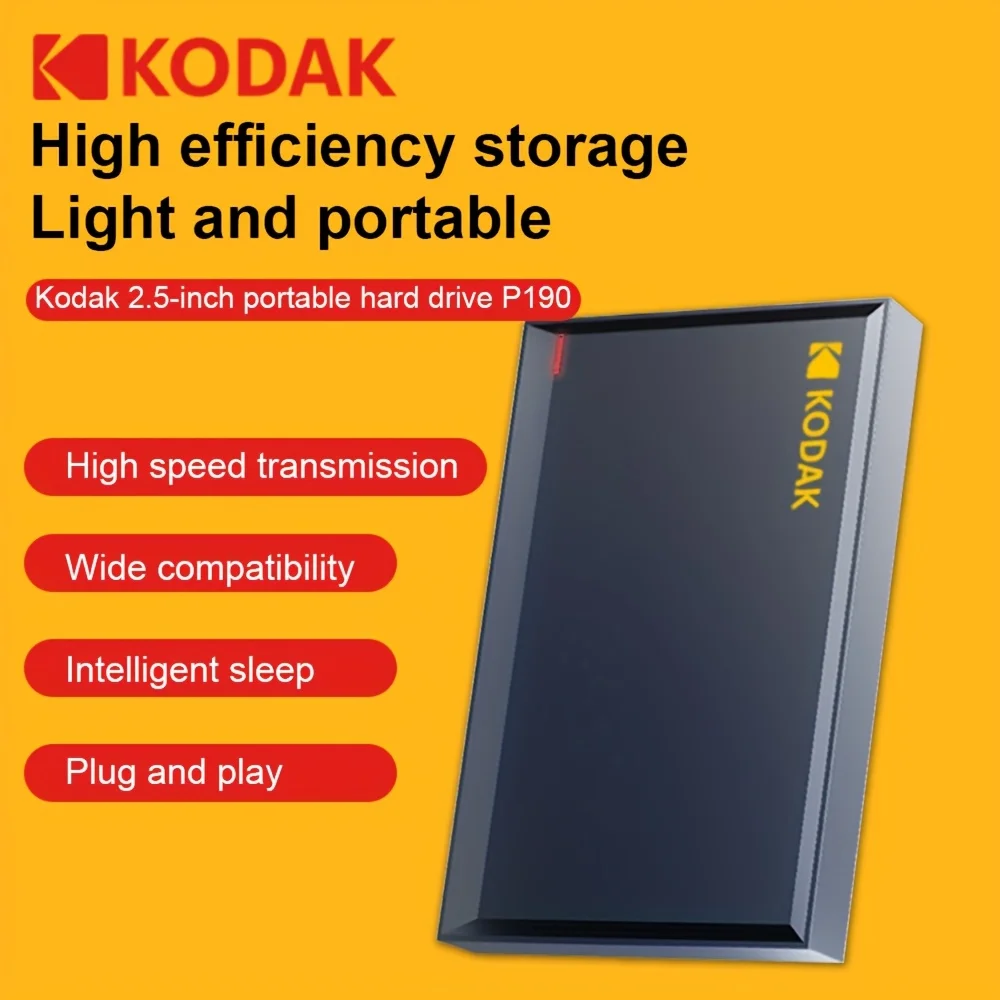 Kodak taşınabilir harici hard disk PHDD, USB 3.0 destekler, 500GB/1TB/2TB kapasite seçenekleri mevcut.