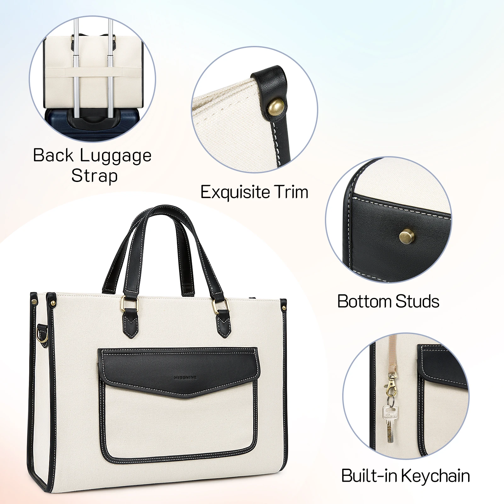 Missnine-canvas Laptop Bolsa para Mulheres Maleta Feminina Bolsa de Ombro Bolsa de Trabalho Laptop Bolsa Adequado para Viagens Escritório Casual 15.6 Polegada - Imagem 5
