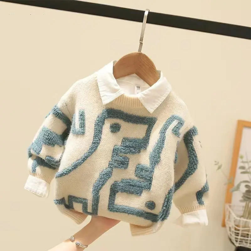 Children\'s Clothing Boys\' Sweater 2022 Autumn and Winter Children\'s Mink Fur Pullover One-Piece Sweater Fashionable Top