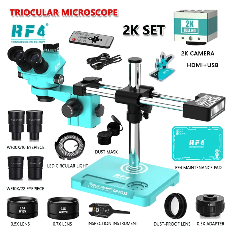 RF4 3.5X 50X 100X 동시 초점 이중 붐 스탠드 줌 삼안 스테레오 현미경 광시야 2K 4K HDMI USB 카메라 RF-F033C