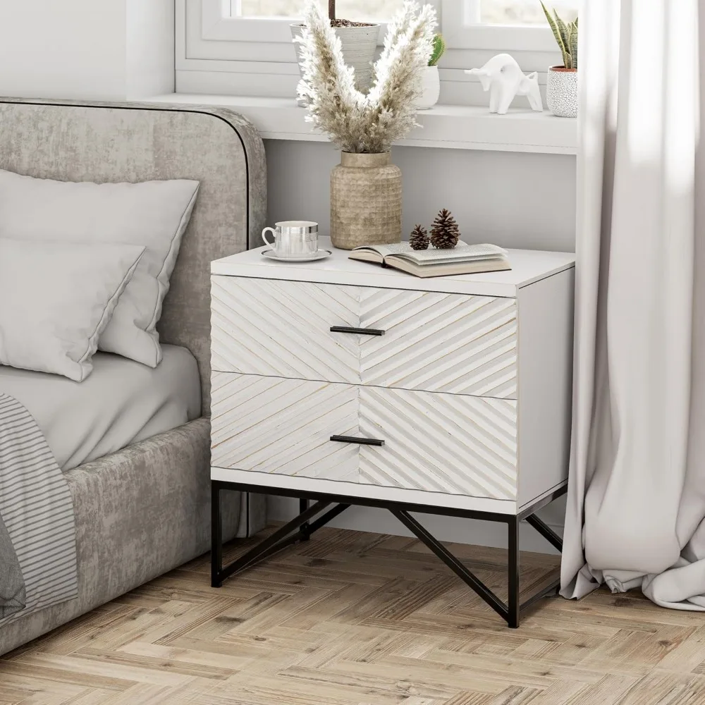 Bedside Table.Set of 2Modern 2-Drawer Nightstand, Contemporary Line Accent End Side Table with Black Metal Base,Distressed White 5