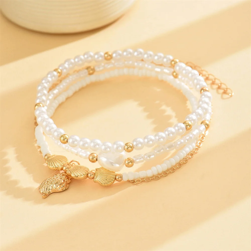 Shell Conch Pendant Foot Chains Sets Simulated Pearl Rice Beads Anklets For Women Gold Color Ankle Bracelet Summer Beach Jewelry