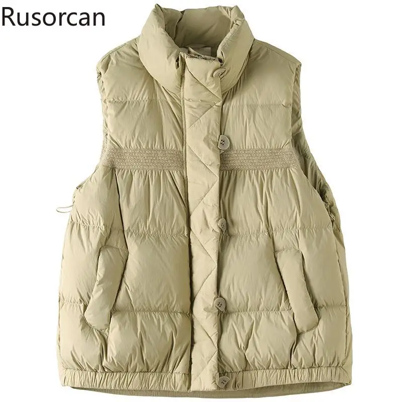

90 Duck Down Art Casual Autumn and Winter New Standing Collar Single Breasted Solid Color Sleeveless Down Coat Horse Jacket Tide
