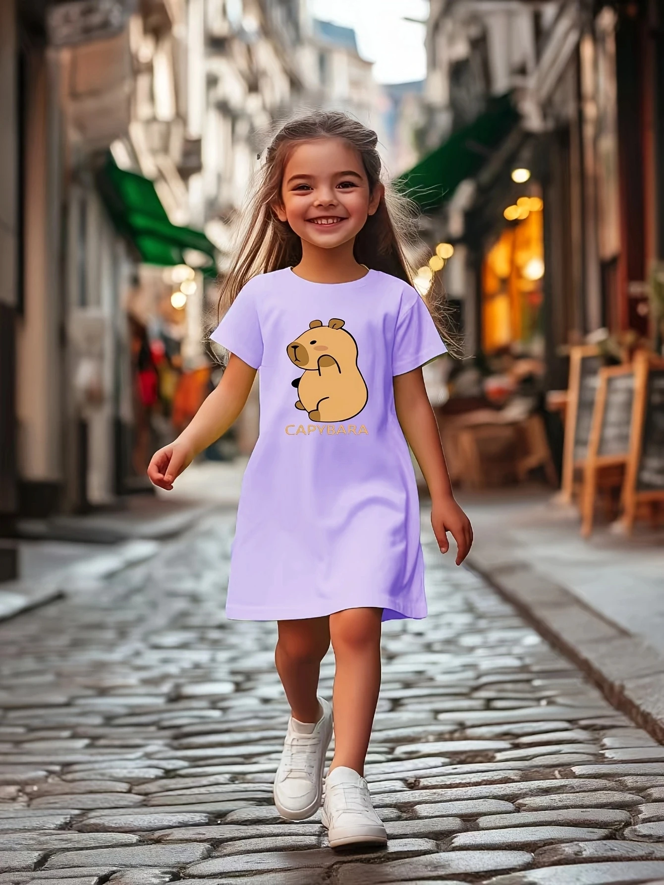 Girl's casual dress Cute "CAPYBARA" letters, cartoon animal print Machine washable Perfect for spring and summer outings