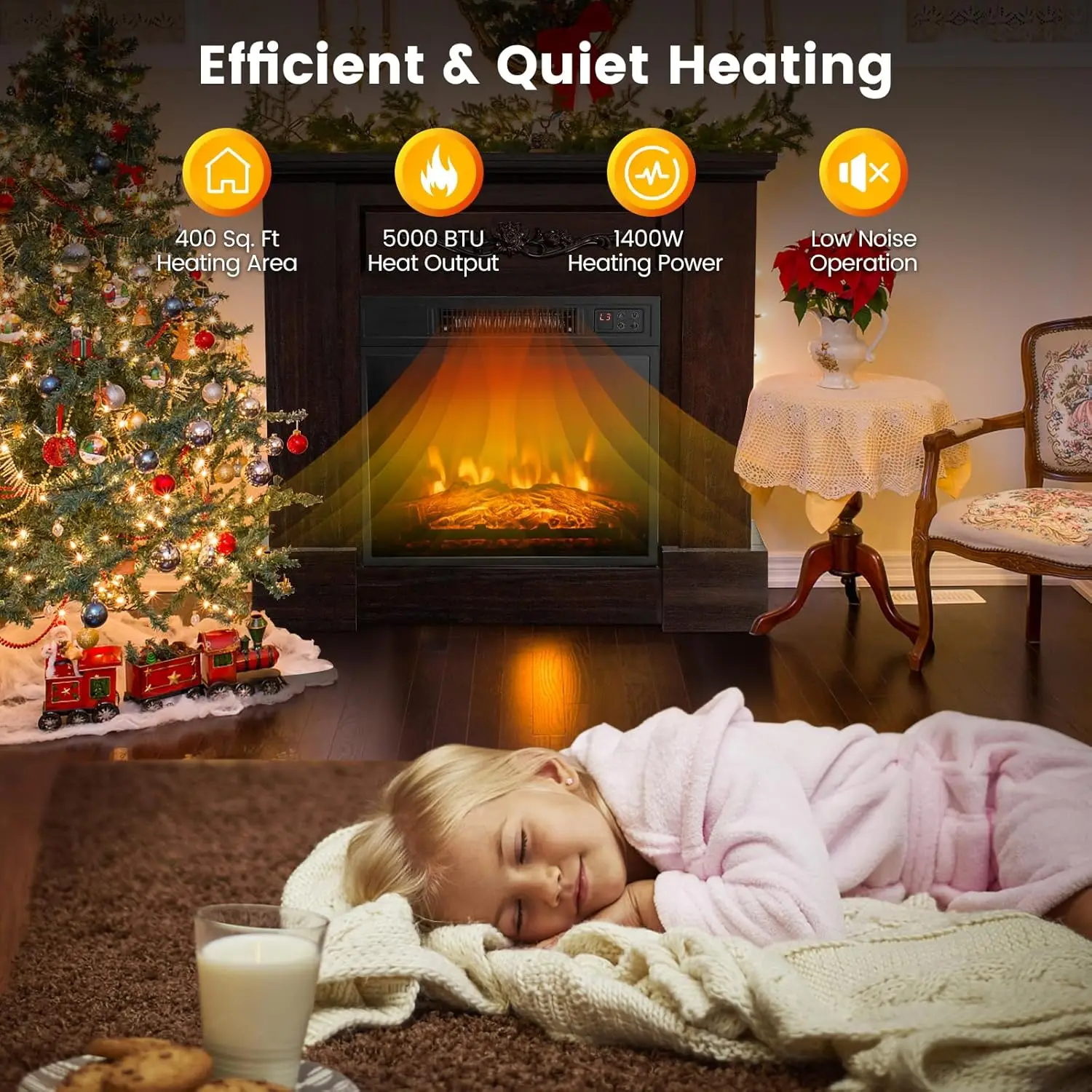 Electric Fireplace with Mantel, 1400W Freestanding Mantel Fireplace Heater with Remote Control, 3 Flame Brightness, Thermostat