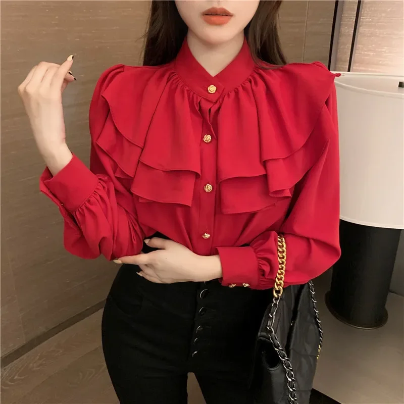 

Vintage Clothes 2021 Spring New Hong Kong Flavored Lotus Leaf Design Sense Lantern Sleeve Shirt Single-Breasted Temperament Tops