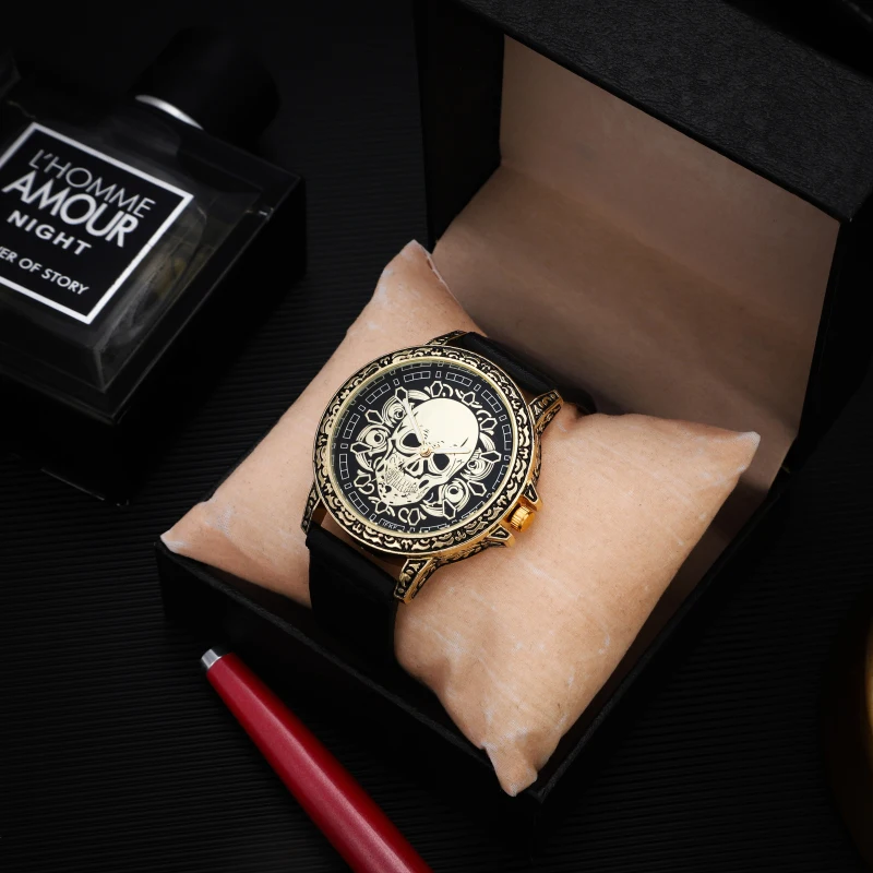 new Gold Skull Lion Tiger Men luxury business Military Quartz watch golden stainless steel band men watches male clock Relogio