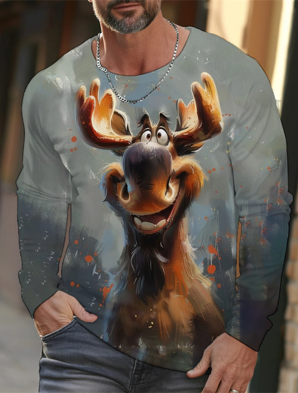 Men’s long sleeve cotton T-shirt with bold 3D animal print in Harajuku streetwear style. 08