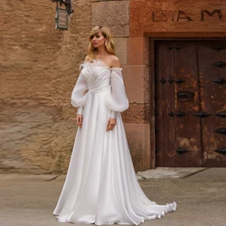 Elegant A-Line Wedding Dresses 2023 Off Shoulder Long Sleeves Bridal Gowns Feather Sweep Train Tulle Custom Made Robe De Mariee