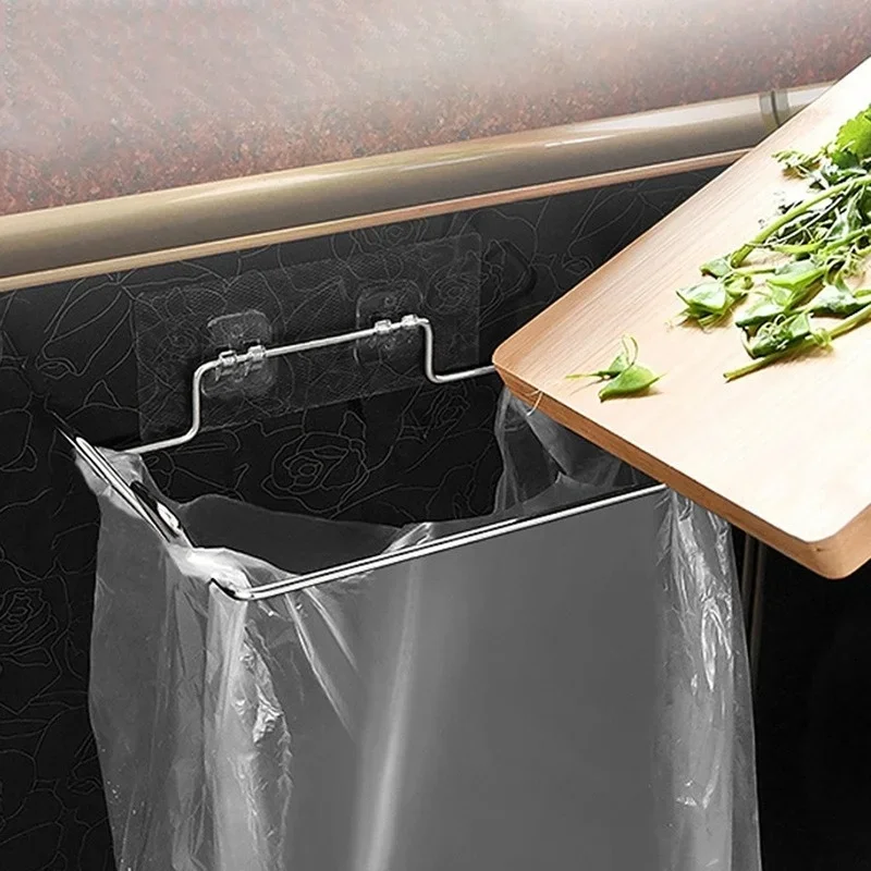 New Practical Stainless Steel Closet Garbage Kitchen Storage Household Supplies Punch-free Bracket Trash Can Rack Cabinet Door