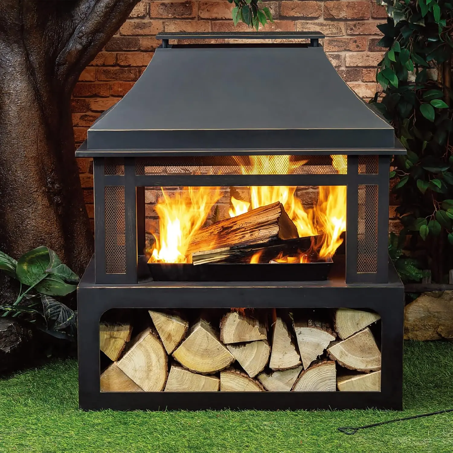 Description Picture 2 of itemOutdoor Burning Fireplace with Wood Storage and Removable Fire Grill - Metal Wicker Base Fire Pit for Patio Garden Deck Backyard