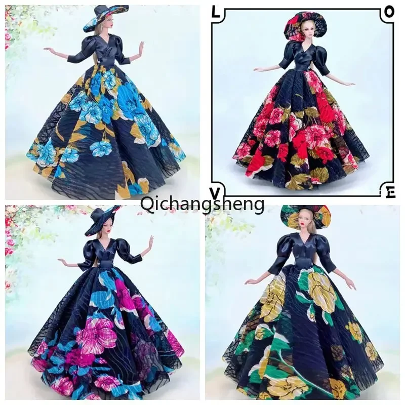 

Black Floral Puff Sleeve Wedding Dress 1/6 Doll Clothes For Barbie Clothing For Barbie Outfits Gown Hat 11.5" Dolls Accessories