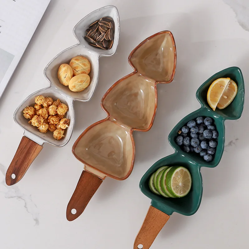 Ins New Creative Ceramic Divided Plate with Wooden Handle Ceramic Dried Fruit Plate Christmas Plate Home Premium Feeling