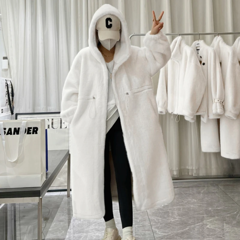 2023 Winter Long Over The Knee Thicken Warm Women Outcoat Fashion Hooded Faux Fur Coat Loose Casual Korean Style Fashion Outwear