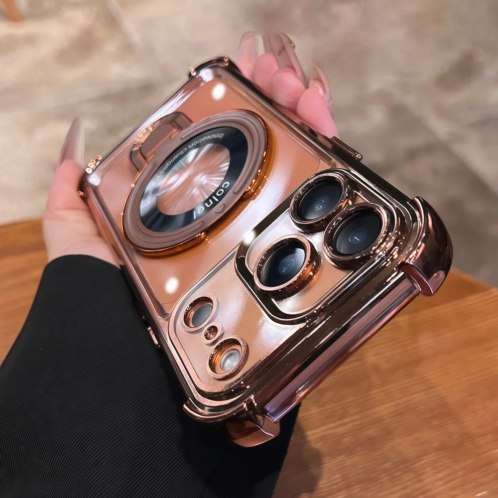 Deluxe Transparent Magnetic Shockproof Case with Adjustable Stand and Plating Finish