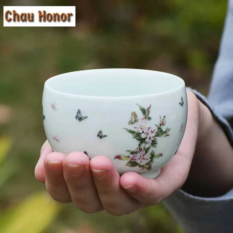 120ml Butterfly Dance Flower Fragrance Cup Antique Glazed Shadow Celadon Teacup Master Cups Puer Tea Ceremony Decoration Gifts