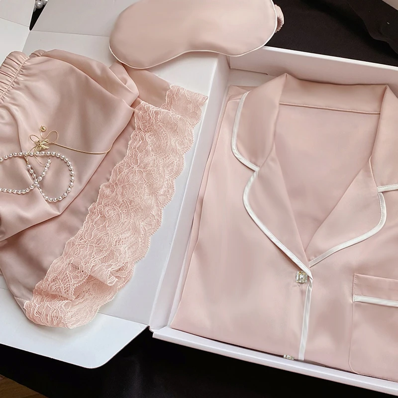 Lace Patchwork Pink Sexy Two Piece Pajama Set Summer Women's V-Neck Top and Shorts Set Fashion Women's Pajama Set Home Clothes