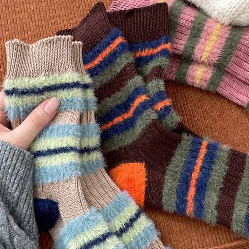 

1/2pairs Women's Retro Mink Velvet Striped Knitted Socks Winter Fluffy Warm Sock Mid-tube Thick Thread Needles Long Stocking
