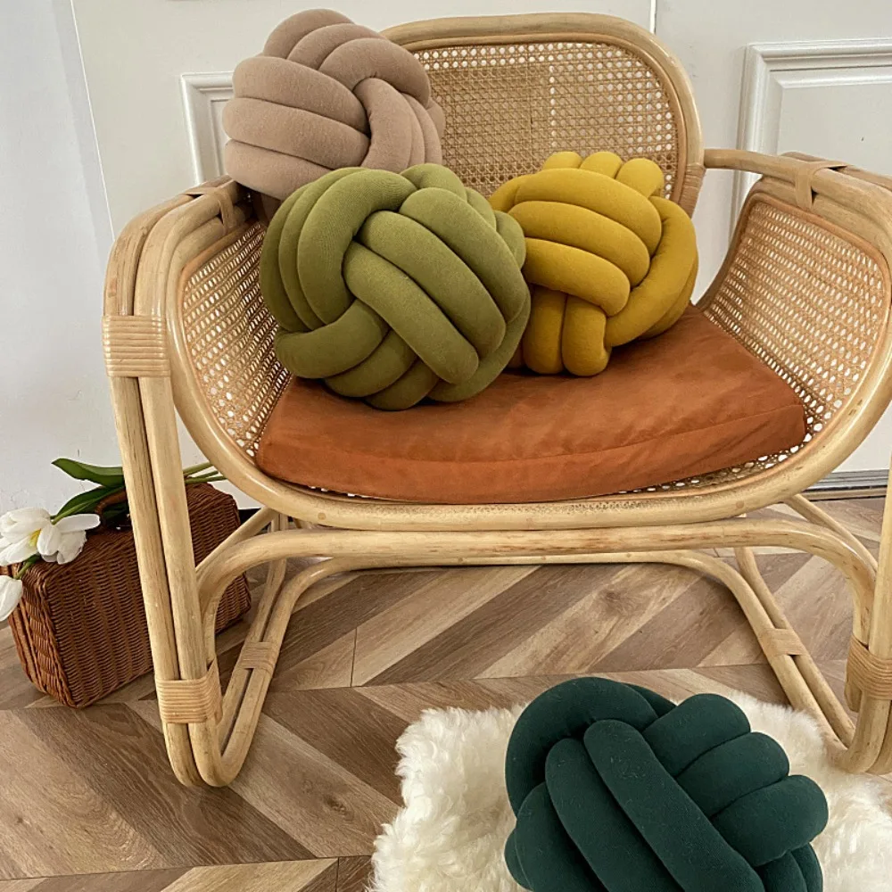 Nordic Knot Ball Pillow with Triple Rope Knotting Ball Pillow Hand Woven Knitted Wool Cushion Pads and Window Pads