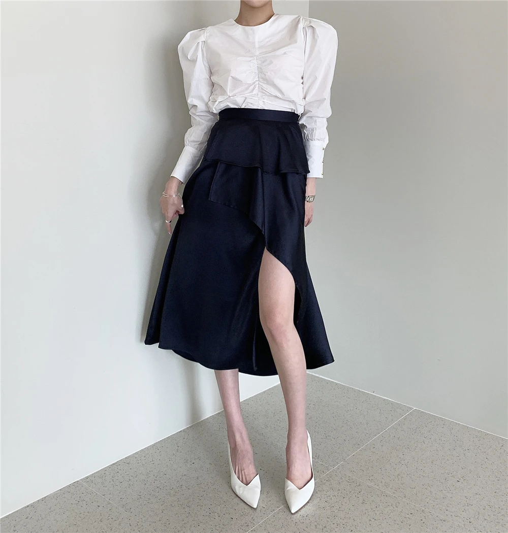 black denim skirt Hzirip Split Ruffles Retro High Waist Layers 2021 Gentle Vintage All Match Elegance Office Lady Streetwear Hot Long Skirts plaid skirt