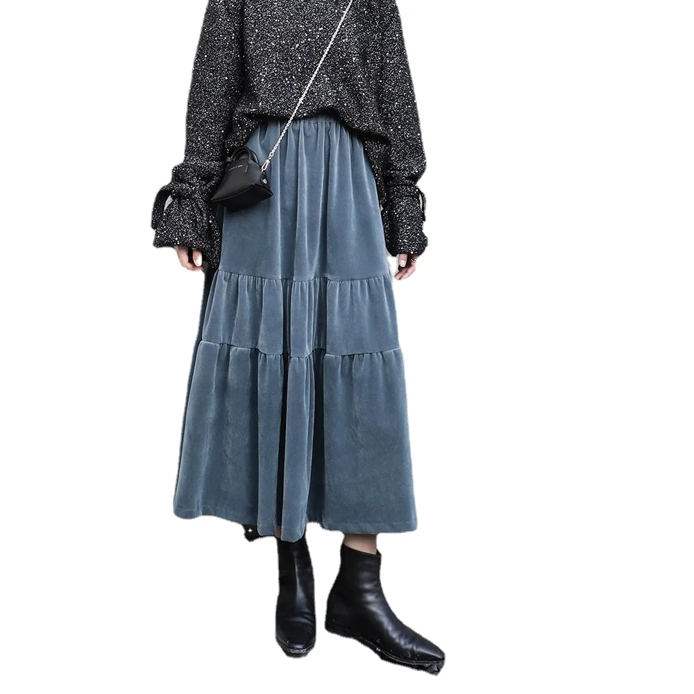 Black Mid Length A-line Skirt Women Japanese High Waist Cake Pleated Skirt