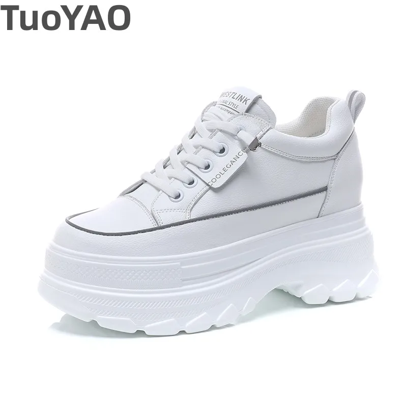 

Genuine Leather High White Platform Hidden Heel Wedge Shoes 7CM Chunky Sneakers Women Casual Shoes New Fashion Black Sneakers