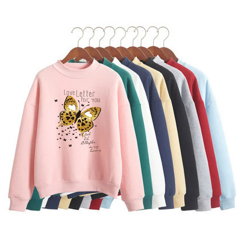 

Butterfly Cute Sweet Lovely Print Women Sweatshirt Sweet Korean O-neck Knitted Pullover Thick Autumn Candy Color Lady Clothing