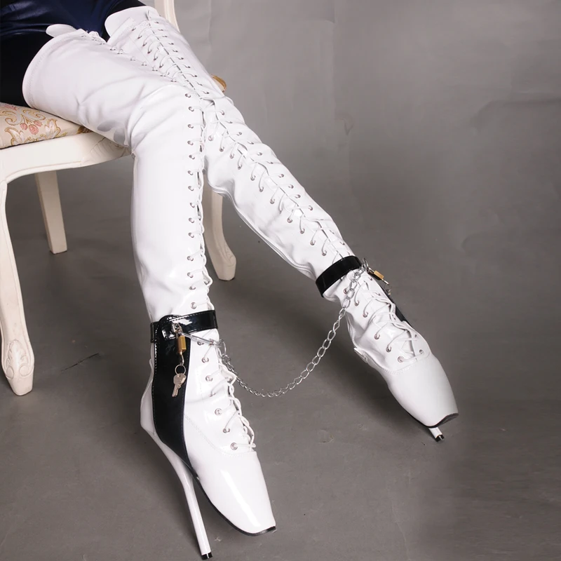 18CM/7 Inch Women Thigh High Ballet Boots Sexy Pole Dancing Shoes Men Cosplay Fetish Corset Dominatrix Black White Silver Big