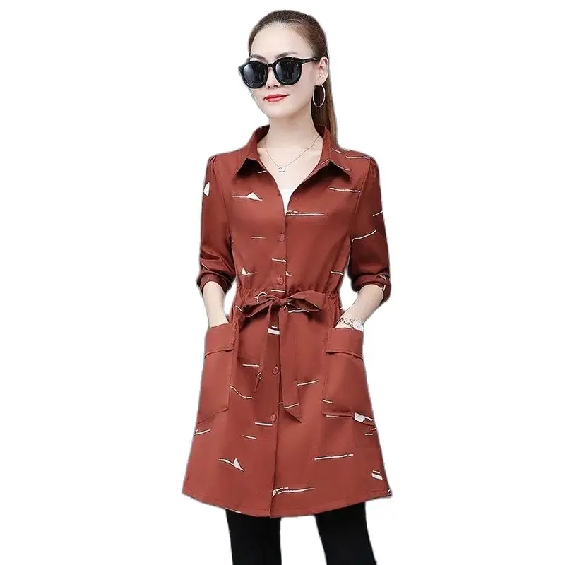 

Ied Waist Printed Windbreaker Ladies Temperament Long Spring And Autumn Clothes 2023 New Female Korean Slim Fashion Light Coat
