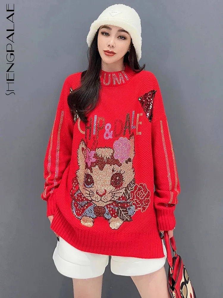 

Женский вязаный свитер SHENGPALAE, Свободный пуловер в Корейском стиле с принтом кота, со стразами и блестками, весна 2024